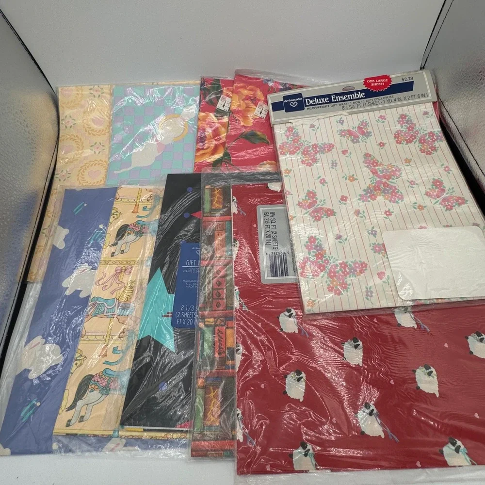 Vtg Ambassador Hallmark Gift Wrap Lot 10 Packs Carousel Sheep Cats Floral Star
